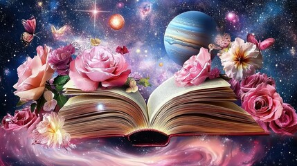 A magical depiction of an open book with celestial wonders like planets and stars rising against a cosmic backdrop
