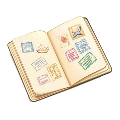 Travel journal with colorful stamps and paper boat illustration isolated on transparent background