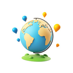 colorful globe with continents, surrounded by location markers, symbolizes travel and exploration. isolated on transparent background