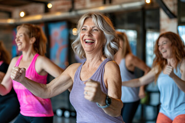 Fototapeta premium Group of Joyful Middle-Aged Women Performing Aerobics in a Gym Studio for Fitness and Fun