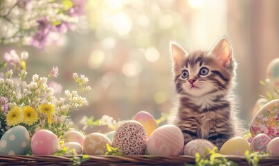 Kittens surrounded by Easter-themed decorations such as eggs and flowers