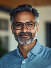 Obraz premium Smiling mature indian man wearing spectacles and looking at camera. Middle eastern confident businessman at office. Portrait of successful mid entrepreneur feeling satisfied and working from home.