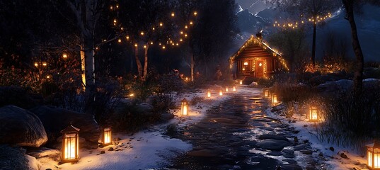  A magical Christmas forest path illuminated by glowing lanterns, leading to a warmly lit cabin