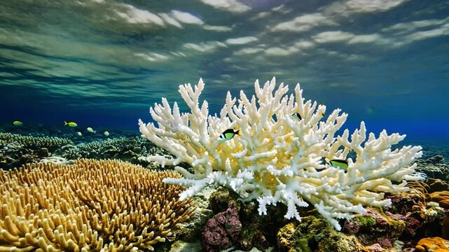 Bleached coral reef is dying in tropical sea under cloudscape