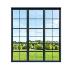 modern window frame showcasing scenic view of green fields and trees. clear sky enhances tranquil atmosphere. isolated on transparent background