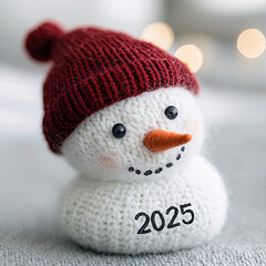 Cheerful Snowman with Red Hat and Scarf Featuring "2025," Surrounded by Festive Winter Lights, Perfect for New Year and Christmas Celebrations