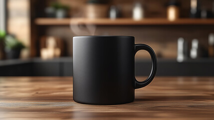 Fototapeta premium A black mock up mug of dark coffee on a rustic wooden table in cafe or office 
