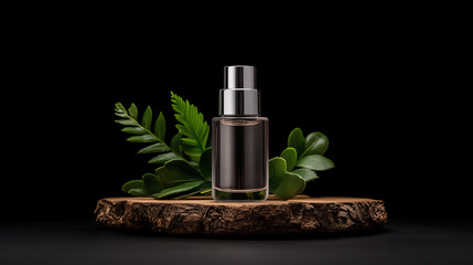 A sleek, transparent skincare bottle with a pump, placed on a rustic wooden plank with green leaves and dark black background