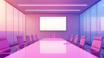 Modern conference room with a sleek design, featuring a long table and purple chairs.