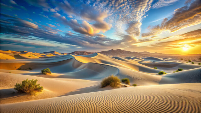serene desert landscape unfolds under delicate sunset, showcasing rolling sand dunes and vibrant clouds. tranquil scene evokes sense of peace and wonder