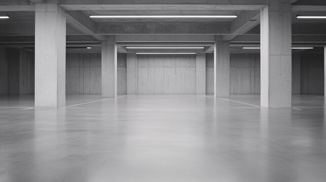 A large, vacant car park with no vehicles present, showcasing clean, evenly spaced parking slots. The polished concrete surface reflects the soft, diffuse lighting, while the background features