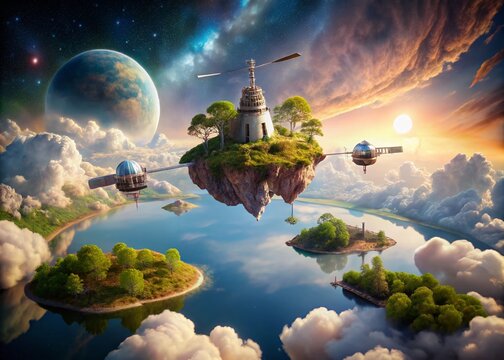 Surreal Skylab Satellite in a Dreamlike Landscape with Floating Islands and Cosmic Elements, Blending Space and Nature in a Captivating Visual Narrative