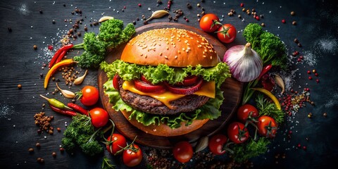 Fototapeta premium Surreal Top View of Cooked Hamburger Meat on a Dark Background, Emphasizing Texture and Color Contrast for Culinary Artistry and Gastronomic Inspiration