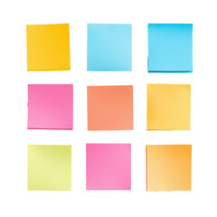 Colorful sticky notes arranged in grid pattern, showcasing various hues like yellow, blue, pink, orange, and green, perfect for organization and reminders. isolated on transparent background