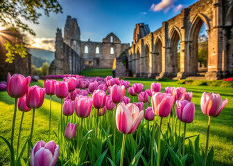 Vibrant pink tulips bloom in lush green field near ancient ruins, creating picturesque scene filled with natural beauty and historical charm