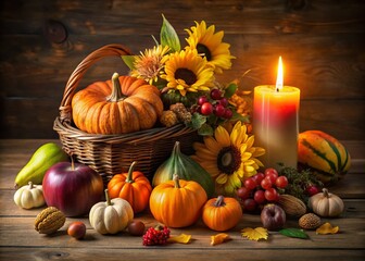 Thanksgiving Cornucopia Overflowing with Seasonal Fruits, Nuts, Pumpkins, Sunflowers, and a Warm Burning Candle in a Minimalist Style for Holiday Decor Inspiration