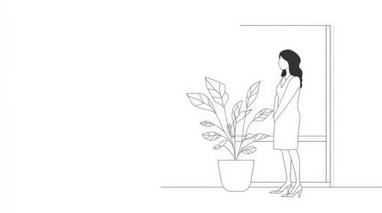 Woman Standing Beside Potted Plant in Minimalist Indoor Setting
