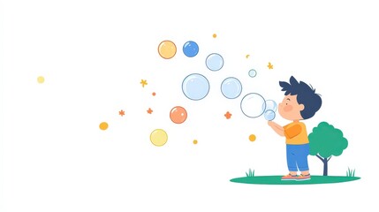 Fototapeta premium Joyful Child Blowing Bubbles in a Colorful Outdoor Setting