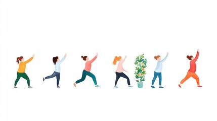 Vibrant Illustration of Women Engaging in Dynamic Movement Exercise