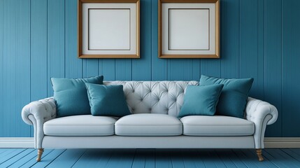 Sofa with teal pillows against paneling wall with two frames. Minimalist interior design of modern living room.


