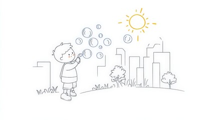 Child Blowing Bubbles in City Park with Sunshine and Buildings