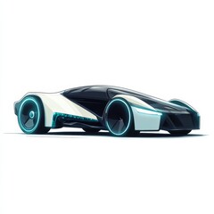 Futuristic white and black sports car design with glowing wheels.
