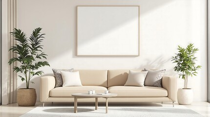 Minimalist living room with a beige sofa, two potted plants, a round coffee table, and a large blank canvas on the wall