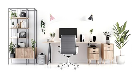 Fototapeta premium Modern minimalist home office setup with a central computer monitor, an orange office chair, two desk lamps, potted plants, and organized desk accessories, creating a clean and aesthetically pleasing