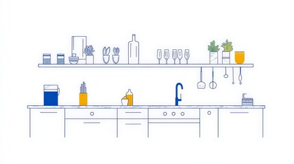 Naklejka premium Minimalist Kitchen Illustration with Shelves and Cooking Utensils