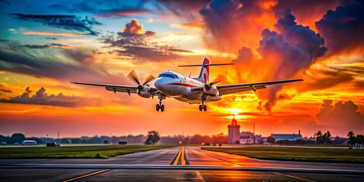 Tilt-Shift Photography of US Coast Guard Reconnaissance Airplane Landing at Louis Armstrong New Orleans International Airport with Dusk Sunset Colors in Louisiana Sky