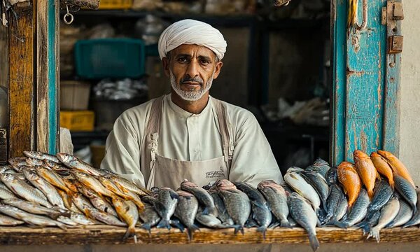 Fish vendor at a market with fresh seafood display.