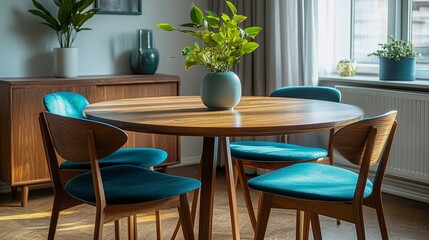 Obraz premium Turquoise chairs at wooden round dining table. Scandinavian home interior design of modern dining room.