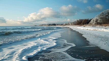 A serene winter beach scene with gentle waves, snow-dusted shores, and a clear blue sky, evoking tranquility and natural beauty.