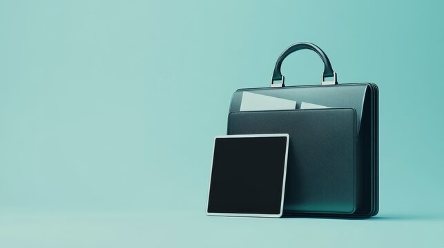 A sleek briefcase and a tablet on a minimalist background, symbolizing modern business tools.