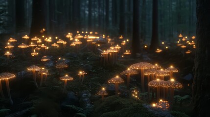 Glowing mushrooms illuminate a dark forest floor. (1)