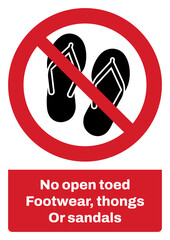 ISO prohibition safety signs sentence case text_no open toed footwear, thongs or sandals_portrait size a4/a3/a2/a1