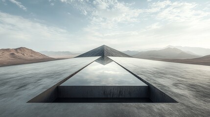 A minimalist landscape featuring a pyramid structure reflecting in a serene water feature.