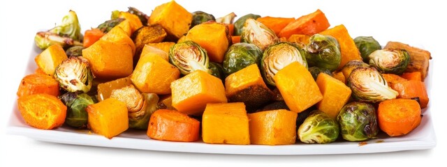 A platter of roasted fall vegetables: butternut squash, Brussels sprouts, and carrots