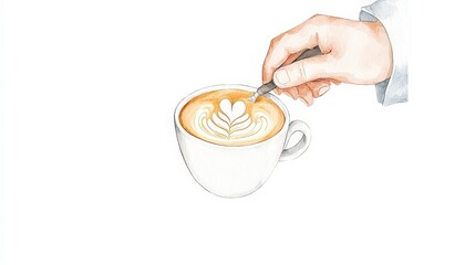 Hand Holding Spoon for Latte Art Creation in Cozy Coffee Environment