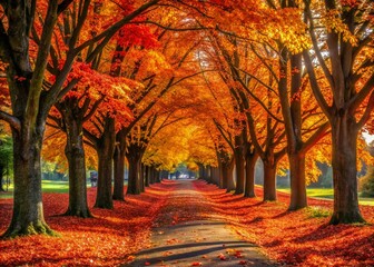 Tranquil Tree-Lined Park Pathway Blanketed in Vibrant Autumn Leaves, Capturing the Essence of Fall in a Serene Natural Setting