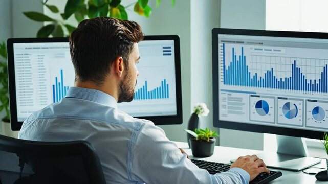 Financial analyst working with multiple computer screens showing charts and data visualizations
