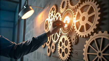 Precision at Work: A skilled hand meticulously repairs a complex gear system, ensuring smooth operation.