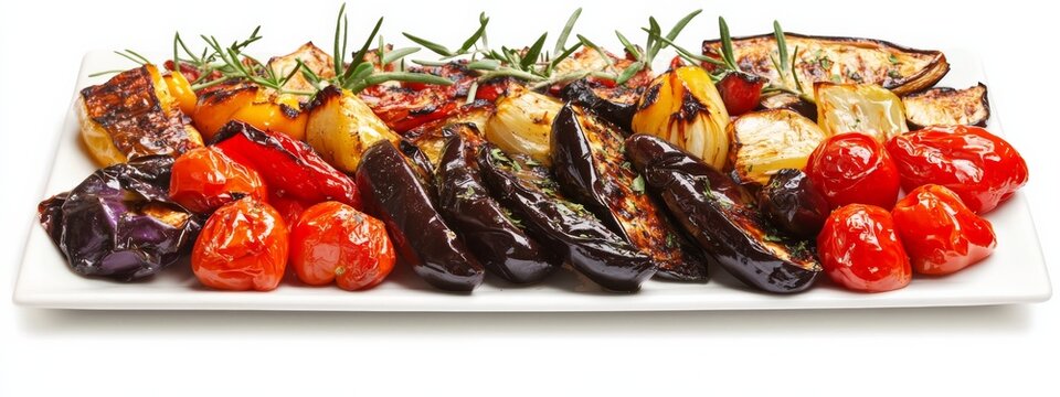 A platter of roasted Mediterranean vegetables: eggplant, bell peppers, and cherry tomatoes