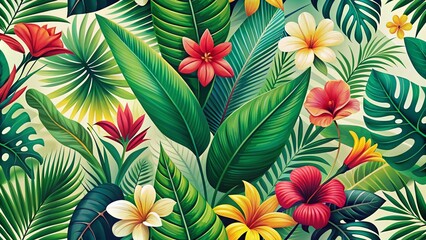 Tropical Leaves and Exotic Flowers Pattern in Summer Vibes - A Vibrant Jungle and Palm Leaf Background Design for Fresh and Nature-Inspired Decor