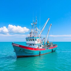 Fishing trawler at sea under a blue sky.