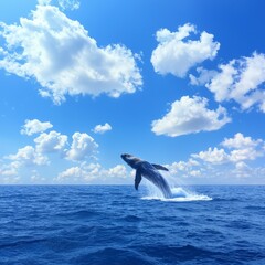 Fototapeta premium Humpback whale breaching in ocean under blue sky.