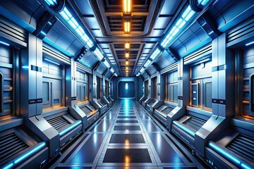 Ultra-Modern Sci-Fi Space Station Corridor with Futuristic Design and Ambient Lighting, Showcasing Advanced Technology in a Captivating Sci-Fi Environment