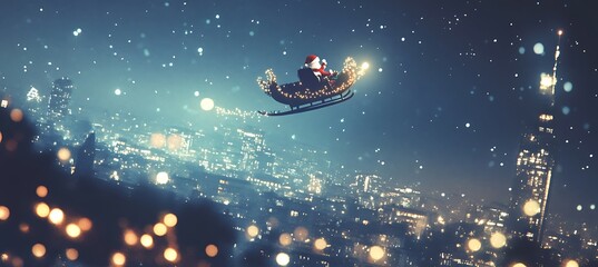 A magical Christmas scene with Santa’s sleigh flying over a large city skyline illuminated by Christmas lights 