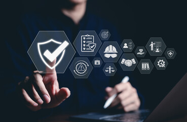 Work Safety and Compliance Concept, Safety First, A person with work safety and compliance icons,...
