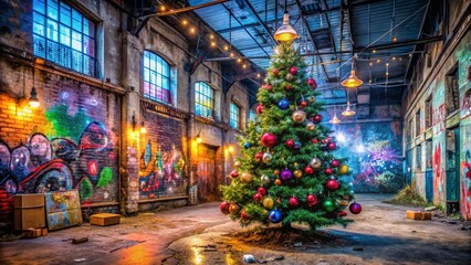 Fototapeta premium Urban Exploration of a Festive Christmas Tree Surrounded by Unique Street Art and Urban Decor in an Abandoned Warehouse, Capturing the Spirit of the Holidays in an Unconventional Setting